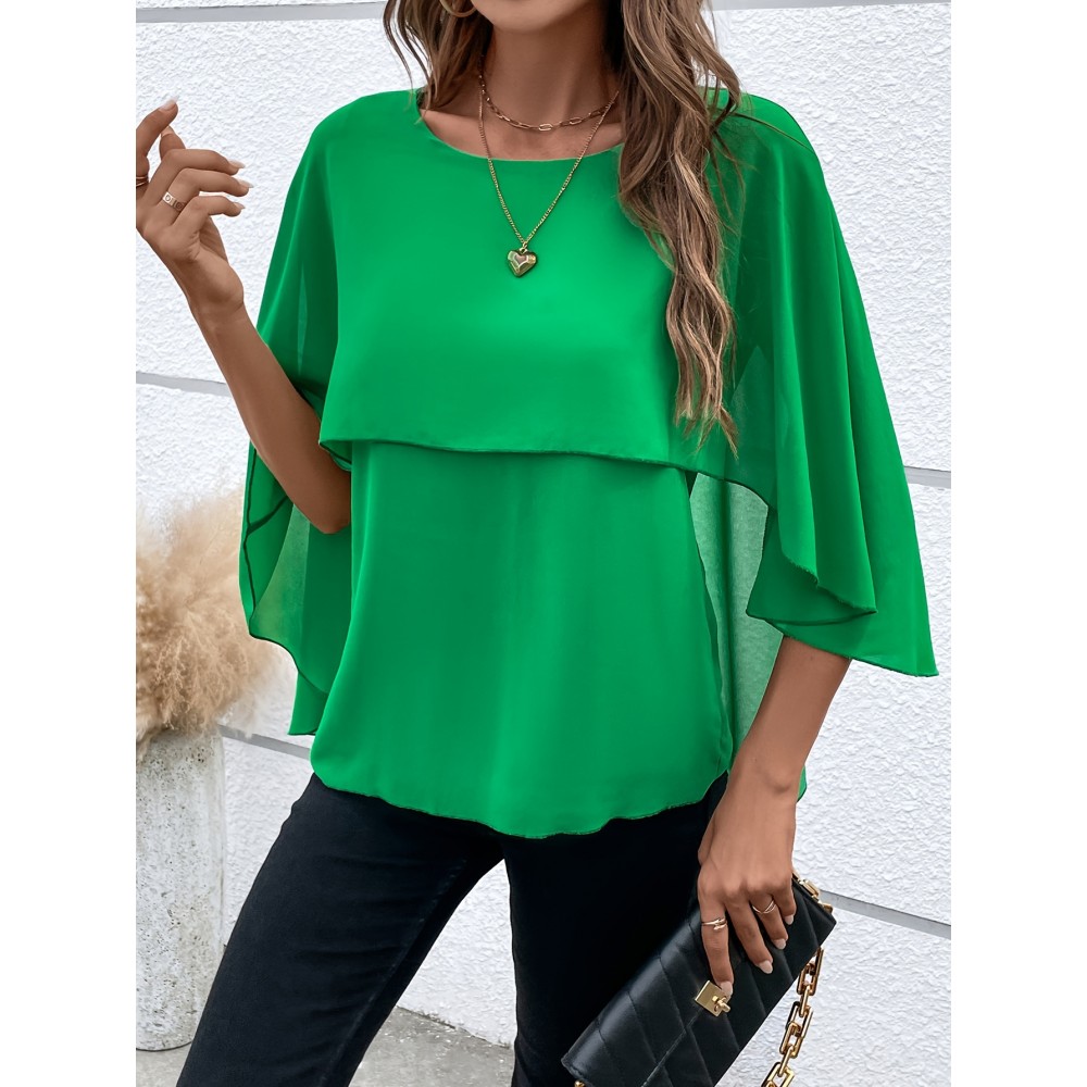 Solid Layered Cloak Sleeve Blouse, Versatile Crew Neck Blouse For Spring & Fall, Women's Clothing Solid Layered Cloak Sleeve Blouse, Versatile Crew Neck Blouse For Spring & Fall, Women's Clothing