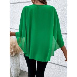 Solid Layered Cloak Sleeve Blouse, Versatile Crew Neck Blouse For Spring & Fall, Women's Clothing Solid Layered Cloak Sleeve Blouse, Versatile Crew Neck Blouse For Spring & Fall, Women's Clothing
