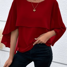 Solid Layered Cloak Sleeve Blouse, Versatile Crew Neck Blouse For Spring & Fall, Women's Clothing Solid Layered Cloak Sleeve Blouse, Versatile Crew Neck Blouse For Spring & Fall, Women's Clothing