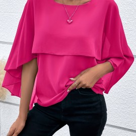 Solid Layered Cloak Sleeve Blouse, Versatile Crew Neck Blouse For Spring & Fall, Women's Clothing Solid Layered Cloak Sleeve Blouse, Versatile Crew Neck Blouse For Spring & Fall, Women's Clothing