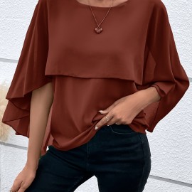 Solid Layered Cloak Sleeve Blouse, Versatile Crew Neck Blouse For Spring & Fall, Women's Clothing Solid Layered Cloak Sleeve Blouse, Versatile Crew Neck Blouse For Spring & Fall, Women's Clothing