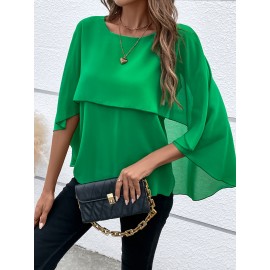 Solid Layered Cloak Sleeve Blouse, Versatile Crew Neck Blouse For Spring & Fall, Women's Clothing Solid Layered Cloak Sleeve Blouse, Versatile Crew Neck Blouse For Spring & Fall, Women's Clothing