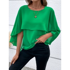 Solid Layered Cloak Sleeve Blouse, Versatile Crew Neck Blouse For Spring & Fall, Women's Clothing Solid Layered Cloak Sleeve Blouse, Versatile Crew Neck Blouse For Spring & Fall, Women's Clothing