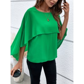 Solid Layered Cloak Sleeve Blouse, Versatile Crew Neck Blouse For Spring & Fall, Women's Clothing Solid Layered Cloak Sleeve Blouse, Versatile Crew Neck Blouse For Spring & Fall, Women's Clothing