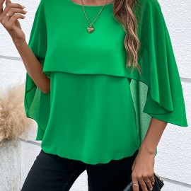 Solid Layered Cloak Sleeve Blouse, Versatile Crew Neck Blouse For Spring & Fall, Women's Clothing Solid Layered Cloak Sleeve Blouse, Versatile Crew Neck Blouse For Spring & Fall, Women's Clothing