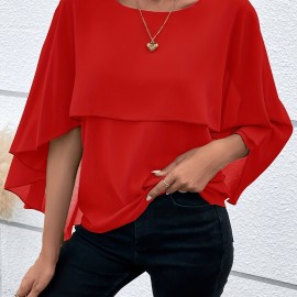 Solid Layered Cloak Sleeve Blouse, Versatile Crew Neck Blouse For Spring & Fall, Women's Clothing Solid Layered Cloak Sleeve Blouse, Versatile Crew Neck Blouse For Spring & Fall, Women's Clothing