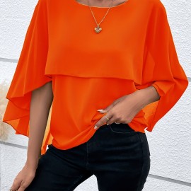 Solid Layered Cloak Sleeve Blouse, Versatile Crew Neck Blouse For Spring & Fall, Women's Clothing Solid Layered Cloak Sleeve Blouse, Versatile Crew Neck Blouse For Spring & Fall, Women's Clothing