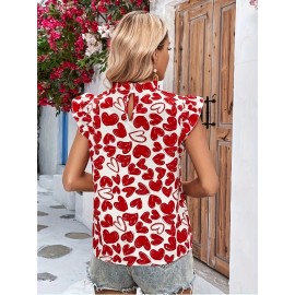 Heart Print Ruffle Trim Blouse, Elegant Blouse For Spring & Summer, Women's Clothing Heart Print Ruffle Trim Blouse, Elegant Blouse For Spring & Summer, Women's Clothing