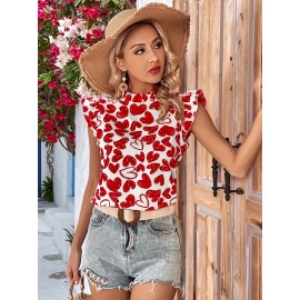 Heart Print Ruffle Trim Blouse, Elegant Blouse For Spring & Summer, Women's Clothing Heart Print Ruffle Trim Blouse, Elegant Blouse For Spring & Summer, Women's Clothing