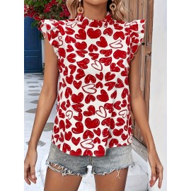 Heart Print Ruffle Trim Blouse, Elegant Blouse For Spring & Summer, Women's Clothing Heart Print Ruffle Trim Blouse, Elegant Blouse For Spring & Summer, Women's Clothing