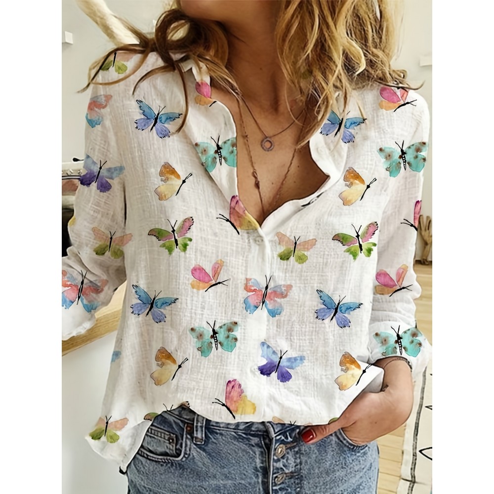 Butterfly Print Button Front Shirt, Casual Long Sleeve Shirt For Spring & Fall, Women's Clothing Butterfly Print Button Front Shirt, Casual Long Sleeve Shirt For Spring & Fall, Women's Clothing
