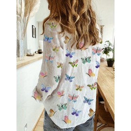 Butterfly Print Button Front Shirt, Casual Long Sleeve Shirt For Spring & Fall, Women's Clothing Butterfly Print Button Front Shirt, Casual Long Sleeve Shirt For Spring & Fall, Women's Clothing