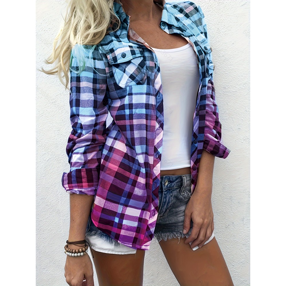 Colorful Plaid Print Shirt, Casual Long Sleeve Button Front Shirt With A Collar, Women's Clothing Colorful Plaid Print Shirt, Casual Long Sleeve Button Front Shirt With A Collar, Women's Clothing