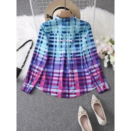 Colorful Plaid Print Shirt, Casual Long Sleeve Button Front Shirt With A Collar, Women's Clothing Colorful Plaid Print Shirt, Casual Long Sleeve Button Front Shirt With A Collar, Women's Clothing