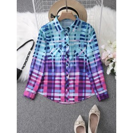 Colorful Plaid Print Shirt, Casual Long Sleeve Button Front Shirt With A Collar, Women's Clothing Colorful Plaid Print Shirt, Casual Long Sleeve Button Front Shirt With A Collar, Women's Clothing