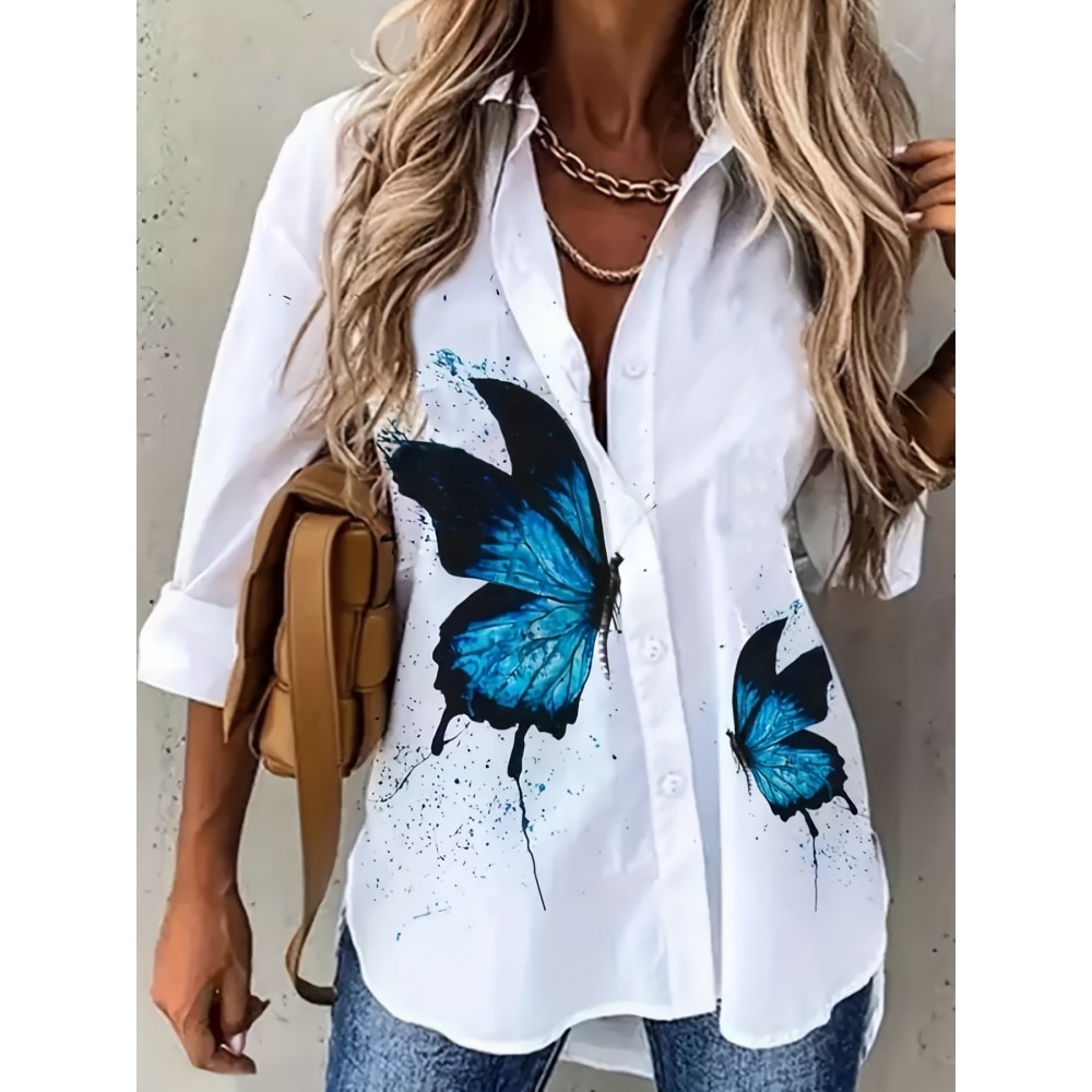 Butterfly Print Polo Neck Shirt, Casual Long Sleeve Blouse For Spring & Fall, Women's Clothing Butterfly Print Polo Neck Shirt, Casual Long Sleeve Blouse For Spring & Fall, Women's Clothing