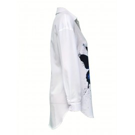 Butterfly Print Polo Neck Shirt, Casual Long Sleeve Blouse For Spring & Fall, Women's Clothing Butterfly Print Polo Neck Shirt, Casual Long Sleeve Blouse For Spring & Fall, Women's Clothing