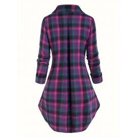 Plaid Print Zip Front Polo Collar Blouse, Casual Pocket Long Sleeve Blouse For Spring & Fall, Women's Clothing Plaid Print Zip Front Polo Collar Blouse, Casual Pocket Long Sleeve Blouse For Spring & Fall, Women's Clothing