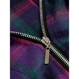 Plaid Print Zip Front Polo Collar Blouse, Casual Pocket Long Sleeve Blouse For Spring & Fall, Women's Clothing Plaid Print Zip Front Polo Collar Blouse, Casual Pocket Long Sleeve Blouse For Spring & Fall, Women's Clothing