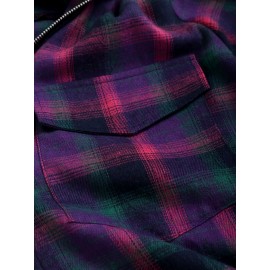 Plaid Print Zip Front Polo Collar Blouse, Casual Pocket Long Sleeve Blouse For Spring & Fall, Women's Clothing Plaid Print Zip Front Polo Collar Blouse, Casual Pocket Long Sleeve Blouse For Spring & Fall, Women's Clothing