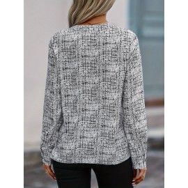 All Over Print V Neck Blouse, Elegant Long Sleeve Blouse, Women's Clothing All Over Print V Neck Blouse, Elegant Long Sleeve Blouse, Women's Clothing