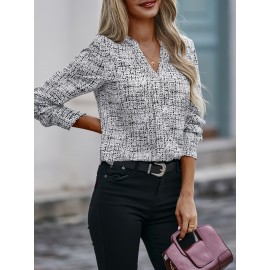 All Over Print V Neck Blouse, Elegant Long Sleeve Blouse, Women's Clothing All Over Print V Neck Blouse, Elegant Long Sleeve Blouse, Women's Clothing