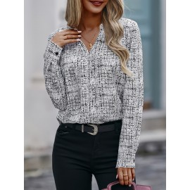 All Over Print V Neck Blouse, Elegant Long Sleeve Blouse, Women's Clothing All Over Print V Neck Blouse, Elegant Long Sleeve Blouse, Women's Clothing