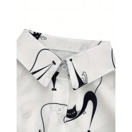 Cute Cat Print Button Front Shirt, Casual Lapel Long Sleeve Shirt, Women's Clothing Cute Cat Print Button Front Shirt, Casual Lapel Long Sleeve Shirt, Women's Clothing