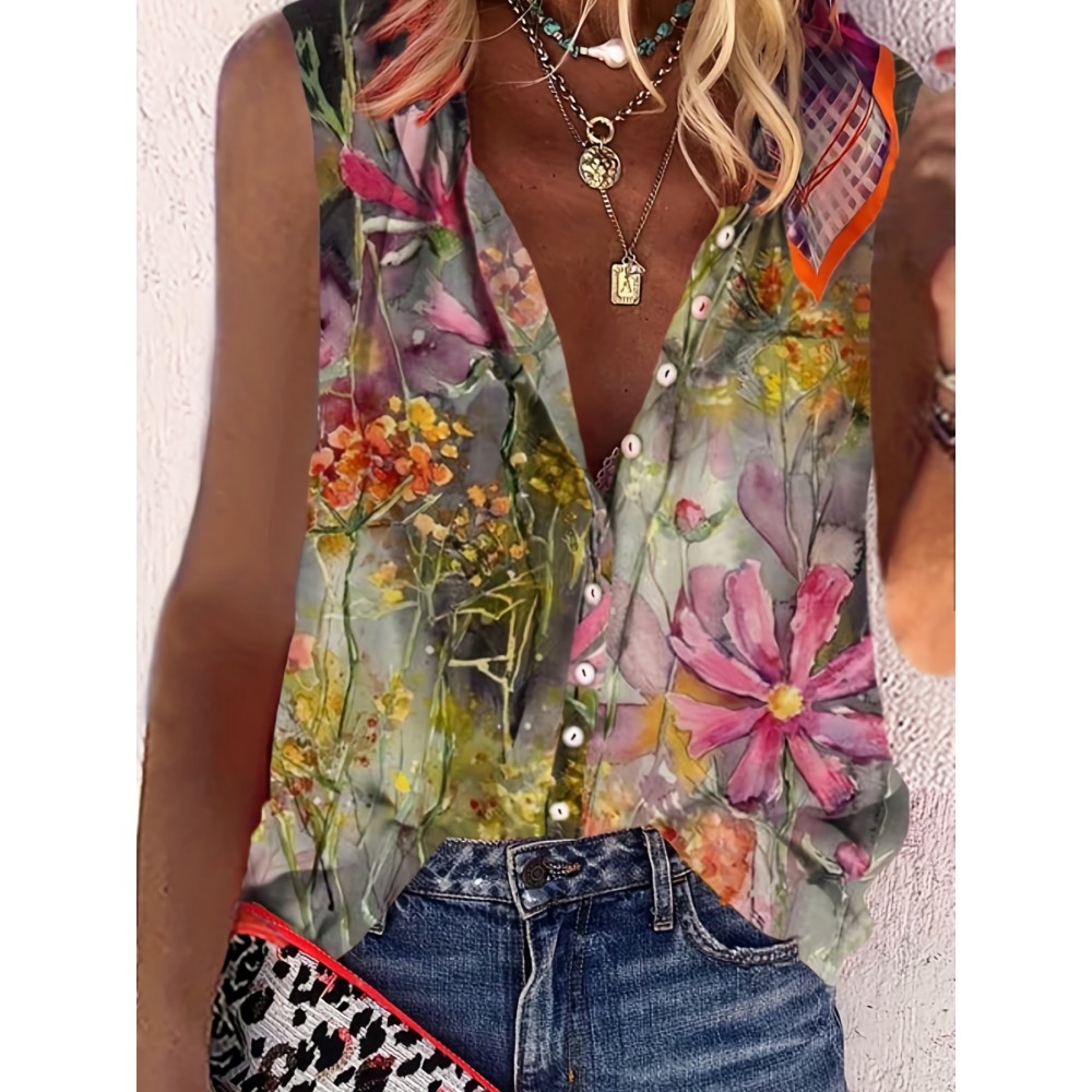 Floral Print Sleeveless Blouse, Casual Crew Neck Button Front Blouse, Women's Clothing Floral Print Sleeveless Blouse, Casual Crew Neck Button Front Blouse, Women's Clothing