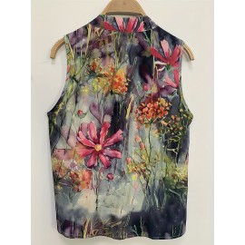 Floral Print Sleeveless Blouse, Casual Crew Neck Button Front Blouse, Women's Clothing Floral Print Sleeveless Blouse, Casual Crew Neck Button Front Blouse, Women's Clothing