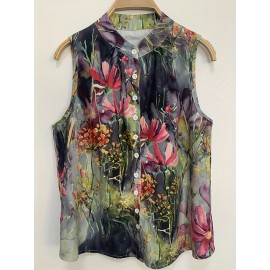 Floral Print Sleeveless Blouse, Casual Crew Neck Button Front Blouse, Women's Clothing Floral Print Sleeveless Blouse, Casual Crew Neck Button Front Blouse, Women's Clothing