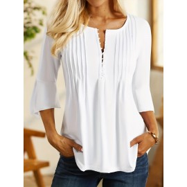 Button Front Ruched Blouse, Casual Solid Crew Neck Blouse, Women's Clothing Button Front Ruched Blouse, Casual Solid Crew Neck Blouse, Women's Clothing