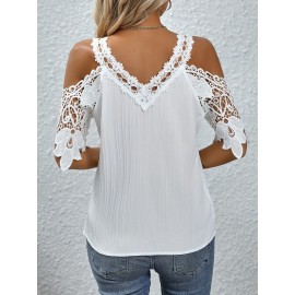 Contrast Lace Cold Shoulder Blouse, Elegant V Neck Solid Short Sleeve Blouse, Women's Clothing Contrast Lace Cold Shoulder Blouse, Elegant V Neck Solid Short Sleeve Blouse, Women's Clothing