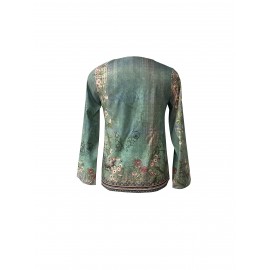 Floral Print V Neck Blouse, Vintage Long Sleeve Blouse, Women's Clothing Floral Print V Neck Blouse, Vintage Long Sleeve Blouse, Women's Clothing