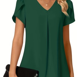Solid V-neck Petal Sleeve Blouse, Versatile Simple Blouse For Spring & Summer, Women's Clothing Solid V-neck Petal Sleeve Blouse, Versatile Simple Blouse For Spring & Summer, Women's Clothing