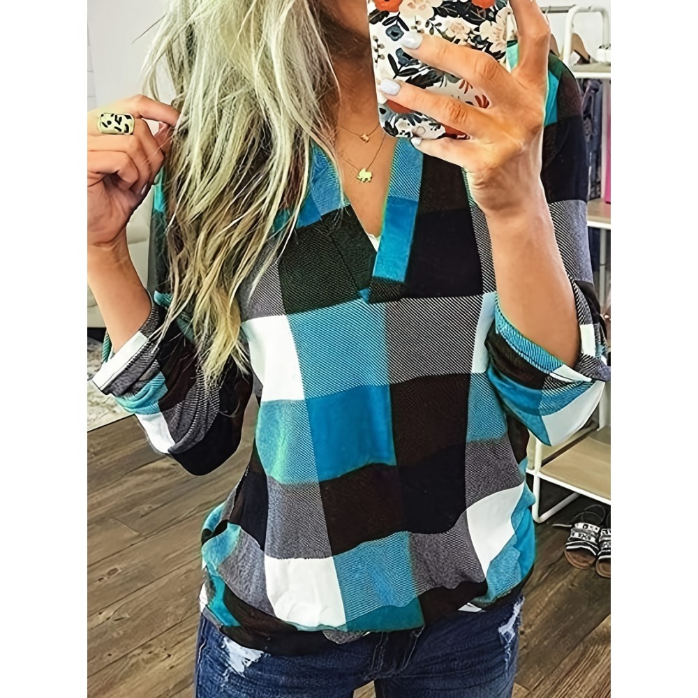Casual Plaid Shirt, Long Sleeve V-neck Shirt,  Casual Every Day Tops, Women's Clothing Casual Plaid Shirt, Long Sleeve V-neck Shirt,  Casual Every Day Tops, Women's Clothing