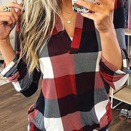 Casual Plaid Shirt, Long Sleeve V-neck Shirt,  Casual Every Day Tops, Women's Clothing Casual Plaid Shirt, Long Sleeve V-neck Shirt,  Casual Every Day Tops, Women's Clothing