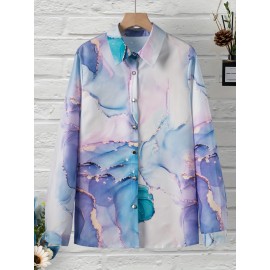 Marble Print Button Front Shirt, Casual Versatile Long Sleeve Shirt, Women's Clothing Marble Print Button Front Shirt, Casual Versatile Long Sleeve Shirt, Women's Clothing