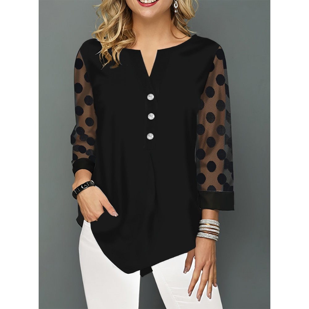 Polka-dot Mesh Notched Neck Blouse, Versatile 3/4 Sleeve Blouse For Spring & Fall, Women's Clothing Polka-dot Mesh Notched Neck Blouse, Versatile 3/4 Sleeve Blouse For Spring & Fall, Women's Clothing