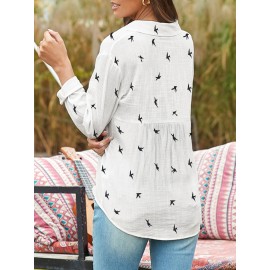 Bird Print Button Front Shirt, Casual Long Sleeve Shirt For Spring & Fall, Women's Clothing Bird Print Button Front Shirt, Casual Long Sleeve Shirt For Spring & Fall, Women's Clothing