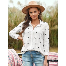 Bird Print Button Front Shirt, Casual Long Sleeve Shirt For Spring & Fall, Women's Clothing Bird Print Button Front Shirt, Casual Long Sleeve Shirt For Spring & Fall, Women's Clothing