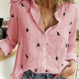 Bird Print Button Front Shirt, Casual Long Sleeve Shirt For Spring & Fall, Women's Clothing Bird Print Button Front Shirt, Casual Long Sleeve Shirt For Spring & Fall, Women's Clothing