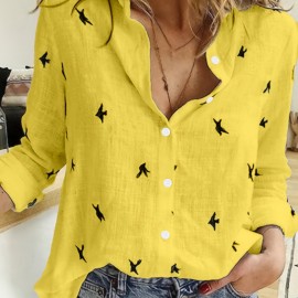 Bird Print Button Front Shirt, Casual Long Sleeve Shirt For Spring & Fall, Women's Clothing Bird Print Button Front Shirt, Casual Long Sleeve Shirt For Spring & Fall, Women's Clothing