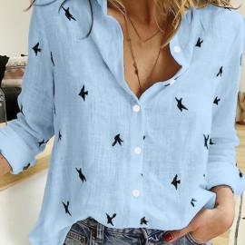 Bird Print Button Front Shirt, Casual Long Sleeve Shirt For Spring & Fall, Women's Clothing Bird Print Button Front Shirt, Casual Long Sleeve Shirt For Spring & Fall, Women's Clothing