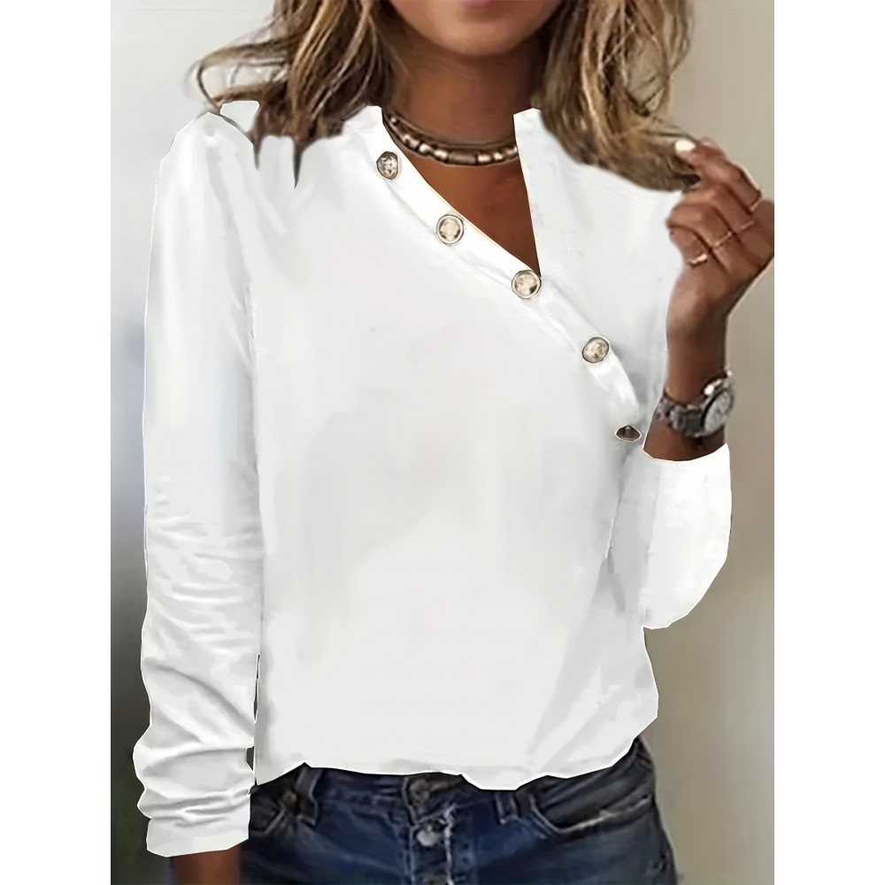 Asymmetrical Neck Button Blouse, Casual Solid Long Sleeve Simple Blouse, Women's Clothing Asymmetrical Neck Button Blouse, Casual Solid Long Sleeve Simple Blouse, Women's Clothing