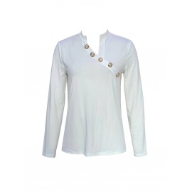 Asymmetrical Neck Button Blouse, Casual Solid Long Sleeve Simple Blouse, Women's Clothing Asymmetrical Neck Button Blouse, Casual Solid Long Sleeve Simple Blouse, Women's Clothing