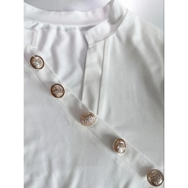 Asymmetrical Neck Button Blouse, Casual Solid Long Sleeve Simple Blouse, Women's Clothing Asymmetrical Neck Button Blouse, Casual Solid Long Sleeve Simple Blouse, Women's Clothing