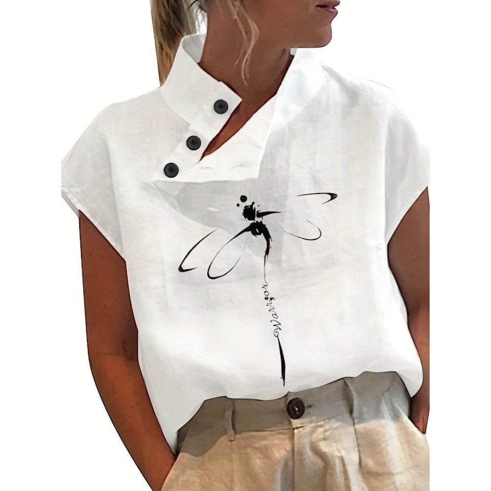 Dragonfly Print Button Front Blouse, Casual Cap Sleeve Blouse For Spring & Summer, Women's Clothing Dragonfly Print Button Front Blouse, Casual Cap Sleeve Blouse For Spring & Summer, Women's Clothing