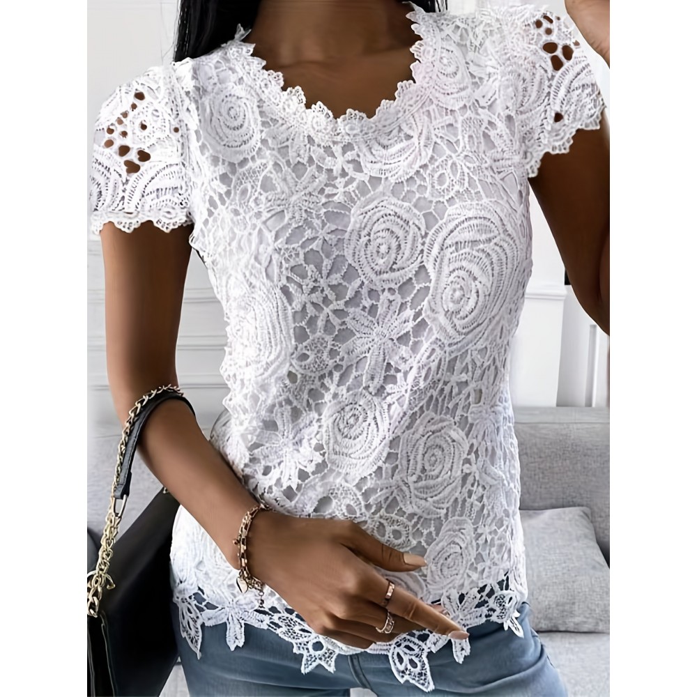 Lace Crew Neck T-Shirt, Elegant Short Sleeve T-Shirt For Spring & Summer, Women's Clothing Lace Crew Neck T-Shirt, Elegant Short Sleeve T-Shirt For Spring & Summer, Women's Clothing