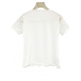 Lace Crew Neck T-Shirt, Elegant Short Sleeve T-Shirt For Spring & Summer, Women's Clothing Lace Crew Neck T-Shirt, Elegant Short Sleeve T-Shirt For Spring & Summer, Women's Clothing